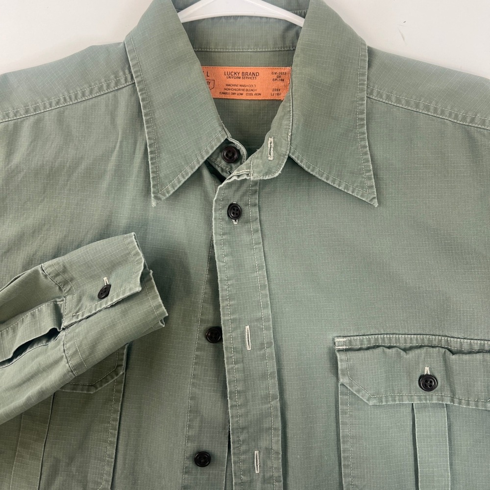 Vintage Lucky Brand Mens XL Olive Green Ripstop Military Button Down Shirt